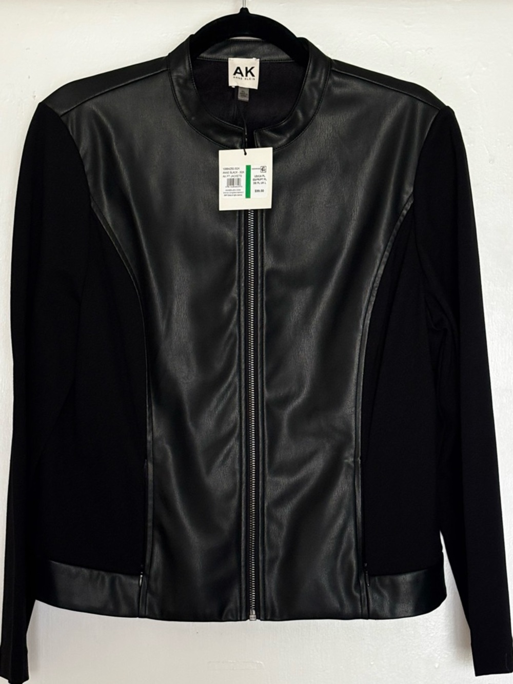 Anne Klein Black Faux Leather-Front Zip Jacket Size PL